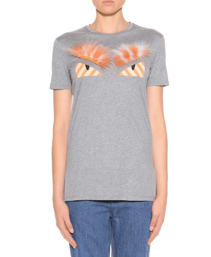 Authentic Fendi women's MONSTER EYES T-SHIRT WITH FOX FUR, GREY