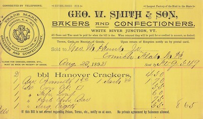1892 Geo. W Smith & Son Bakers Confectioners Antique Receipt White River Vermont