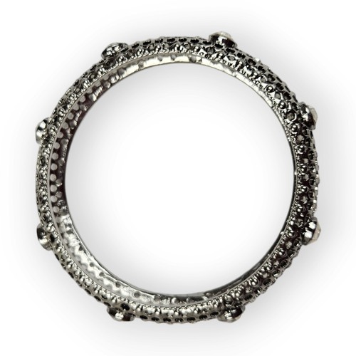 Rhinestone Bangle Bracelet Chunky Perforated Dark Silver Tone Curved ~9" Around - Picture 9 of 12