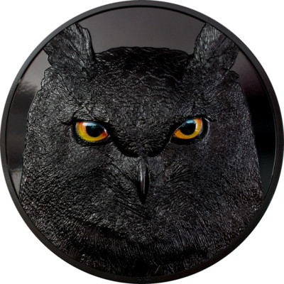 Palau 2021, Hunters by Night, Eagle Owl, $10 2oz Silver Obsidian Black