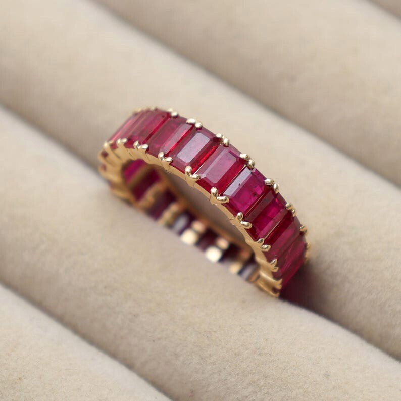Emerald Cut Ruby Eternity Wedding Band in Sterling Silver July Birthstone  -image
