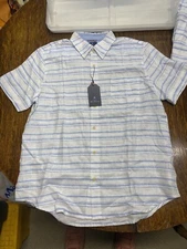 new BEN SHERMAN men shirt BS23SW021 sky blue linen blend striped pocket sz Large