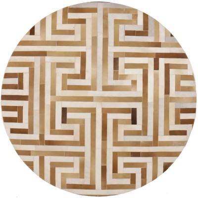 Hand-Stitched Beige Brown Cowhide Leather Rug Modern Round Decor Carpet 6X6 ft