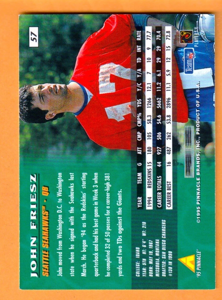 John Friesz Seattle Seahawks AUTO Signed 1995 Pinnacle Idaho Vandals - Image 2 of 2