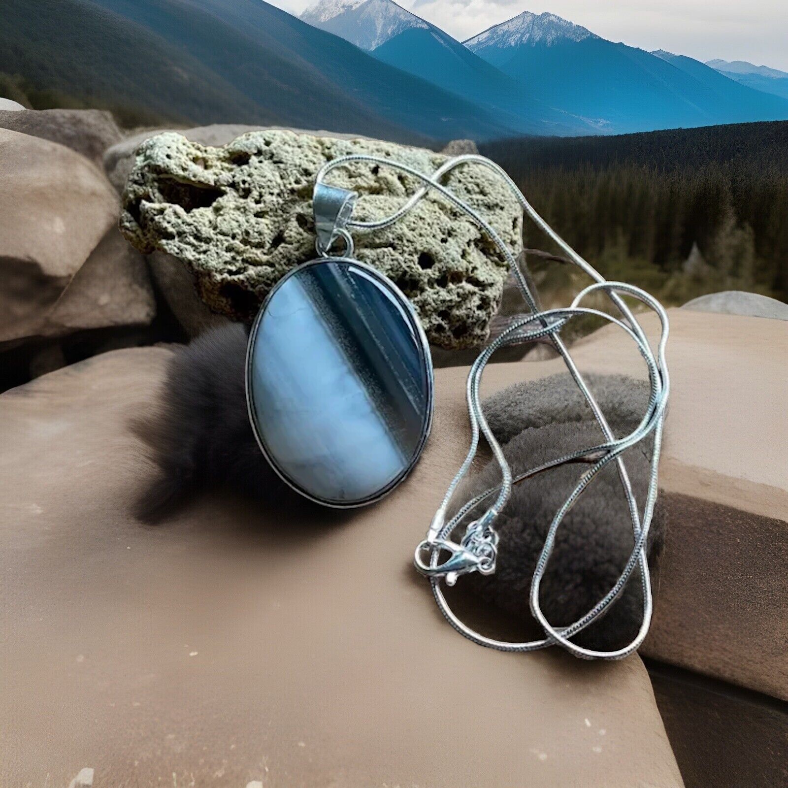 Owyhee Blue Opal Pendant Necklace -925 Silver plated-brand New