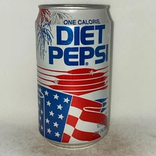 1990's Diet Pepsi Cola soda can, 4th of July, USA flag, fireworks