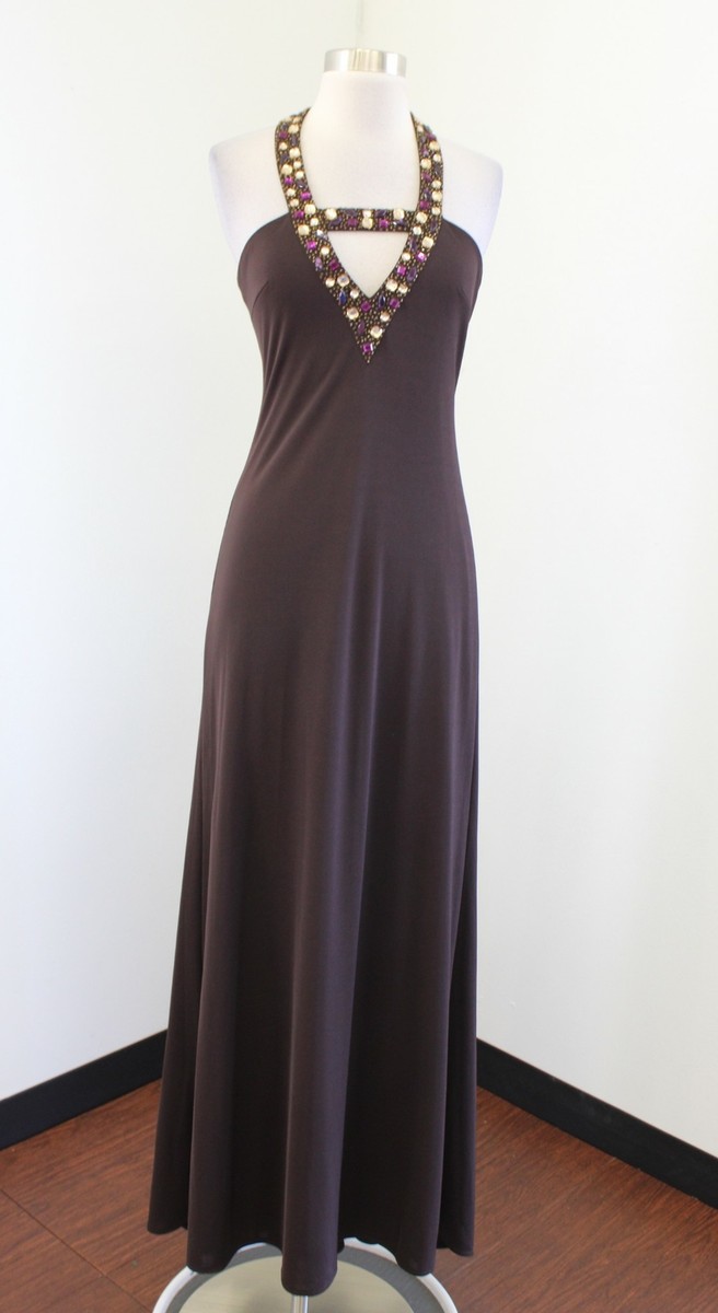 Morgan and Co Brown Halter Keyhole Beaded Jewel Evening Formal Dress Size 7  / 8 | eBay