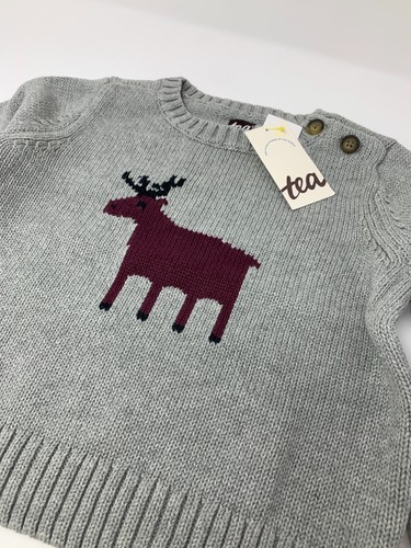NWT Tea Collection Baby Boys 12-18 Months Gray Moose Winter Holiday Sweater - Picture 2 of 6