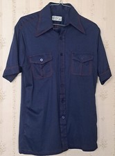 Vtg JCPenney Men's  Short sleeve  Dk Blue 70s Shirt W/Red Stitching Sz.M 38-40 