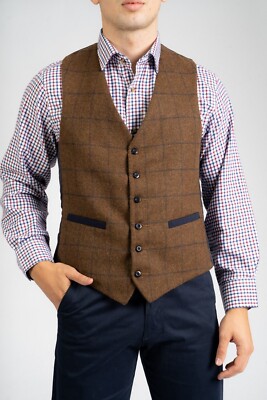 Herren York Weste Tweed Karo Wollmischung Weste Small - 3xl Wolle Belend 3 Co