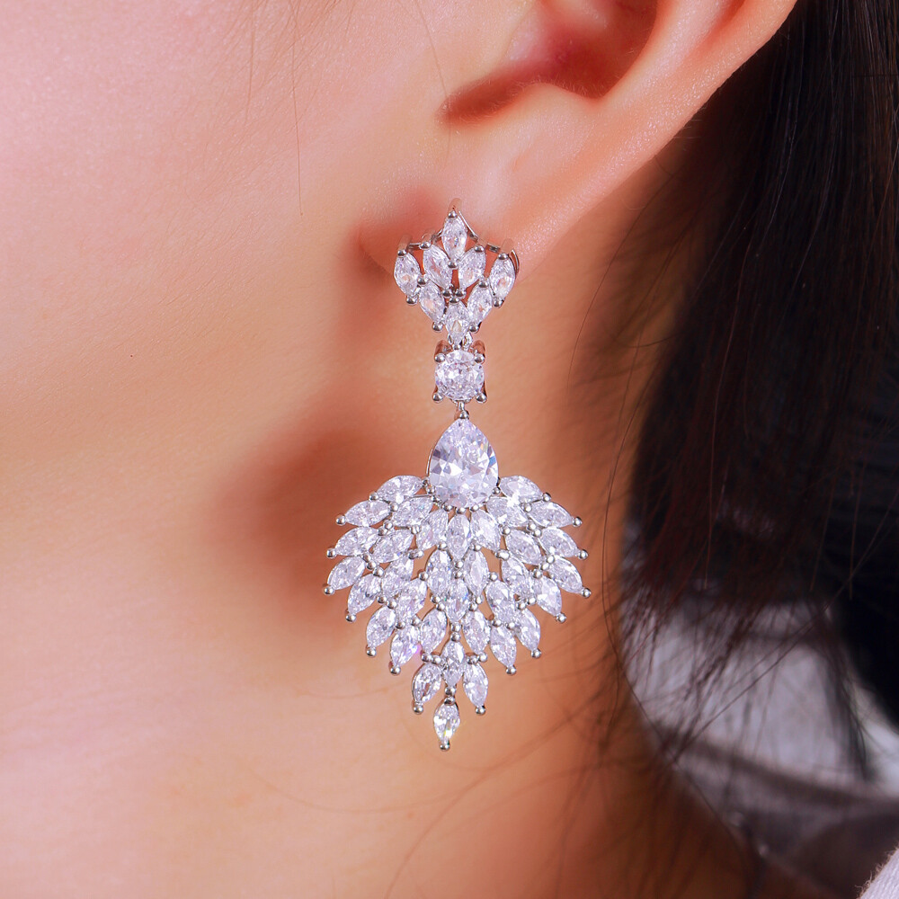 Sparkling Long Wedding Drop Earrings Silver Plated Cubic Zirconia Dangle Jewelry