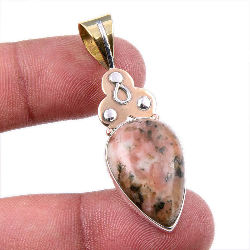 Natural Rhodonite Gemstone 925 Solid Sterling Silver Two Tone Pendant 1.75