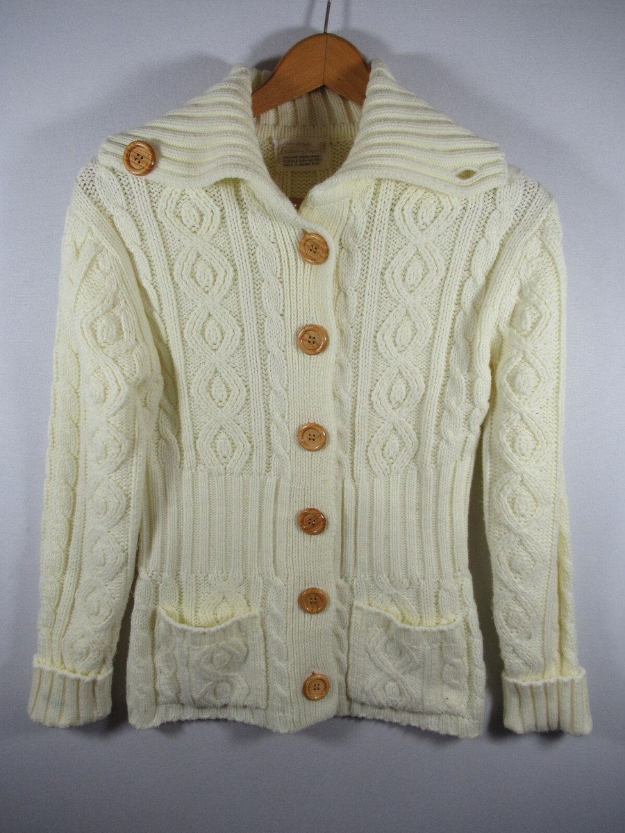 Vintage 70s Cardigan Sweater Women Cream Color Wood Buttons