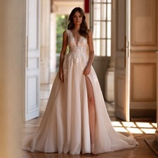 Classic Backless Wedding Dresses Lace Applique High Slit Sleeveless Sweep Train
