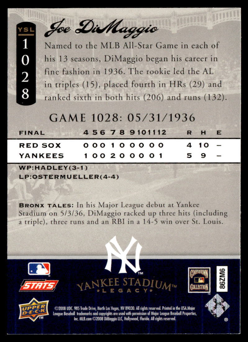2008 Upper Deck Yankee Stadium Legacy 1028 Joe DiMaggio New York
