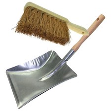 Soft Coco Hand Brush Natural Bristles & Long Handle Galvanised Metal Dustpan Set