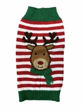Dog Sweater M Pet Costume Red Striped Reindeer Christmas Holiday Green NEW