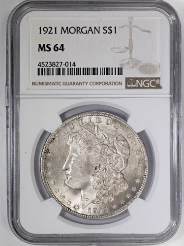 1921 Morgan Silver Dollar $1 NGC MS64 Nice Bright Luster with Light Golden Tone