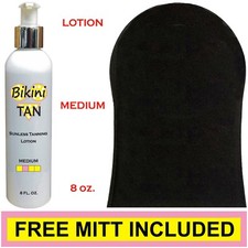 BIKINI TAN - Sunless Self Tanning Lotion - MEDIUM - 8 oz  Best Tanner Mitt.