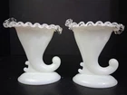 Pair of Vintage Fenton Milk Glass Silver Crest Cornucopia Candle Holder Vase 6in