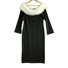 Black Off Shoulder Faux Fur Trim Maxi Dress Glam Holiday NYE