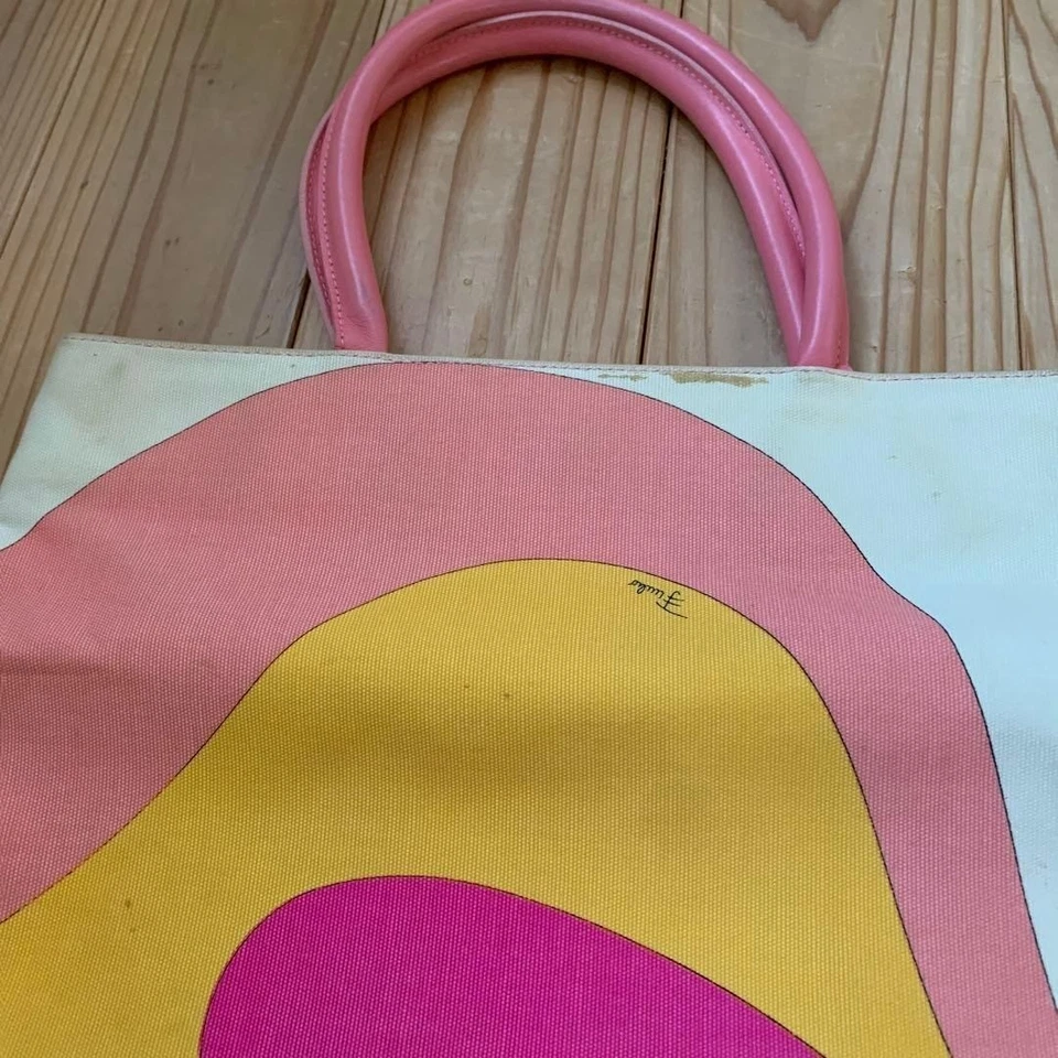 Bolso de Mano Vintage Emilio Pucci Colorido Patrón Onda, Lona Rosa y Amarilla #0802 Foto 3 de 4