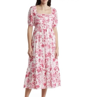 AUGUST SKY Pink White Floral Puff Sleeve Smocked Midi Sundress Size S