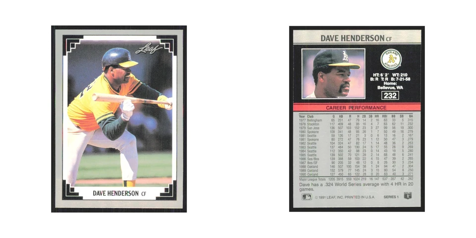 1991 Leaf Dave Henderson Athletics #232 - Image 3 of 3