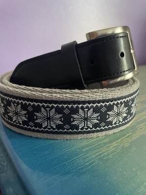 Mens Woven Belt Faux Leather Silver Hardware Size XL 42-44 Fair Isle Pattern