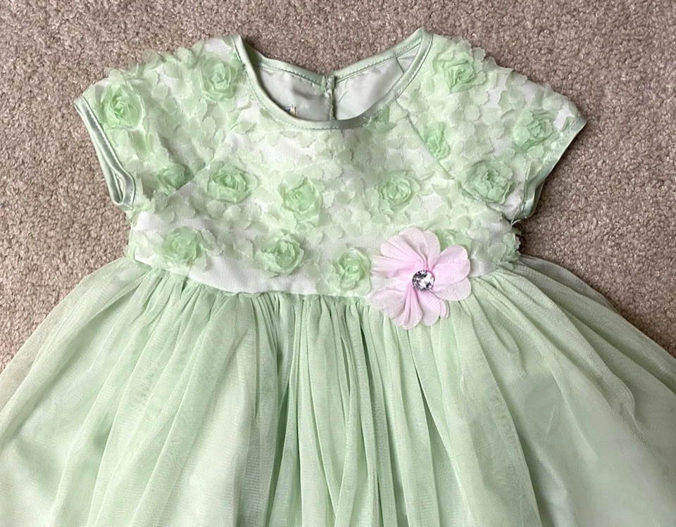 Vestido Marmellata Bebé Niñas Verde Menta Tul Flores y Superposiciones Talla 12 Meses Foto 2 de 4