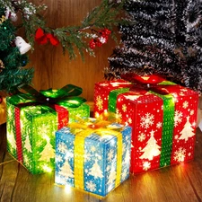 Set of 3 Lighted Gift Boxes Christmas Decorations Snowflake Party Present Led 