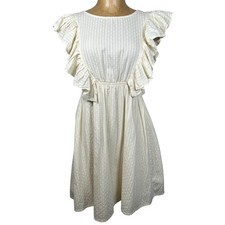 Cream Ruffle Sleeve Open Back Mini Dress Cotton Eyelet Cottage Prairie Beach