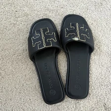 Tory Burch Double T Sport Slide Sandals Black Leather Women’s Size 8