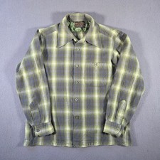 Vintage Pendleton Shirt Medium Wool Green Shadow Plaid Loop Collar Board 50s 60s