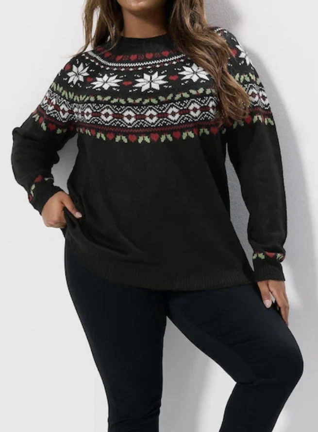 Ex Yours Curve Black Fairisle Long Sleeve Christmas Jumper Plus Sizes 14-36 - Image 3 of 4