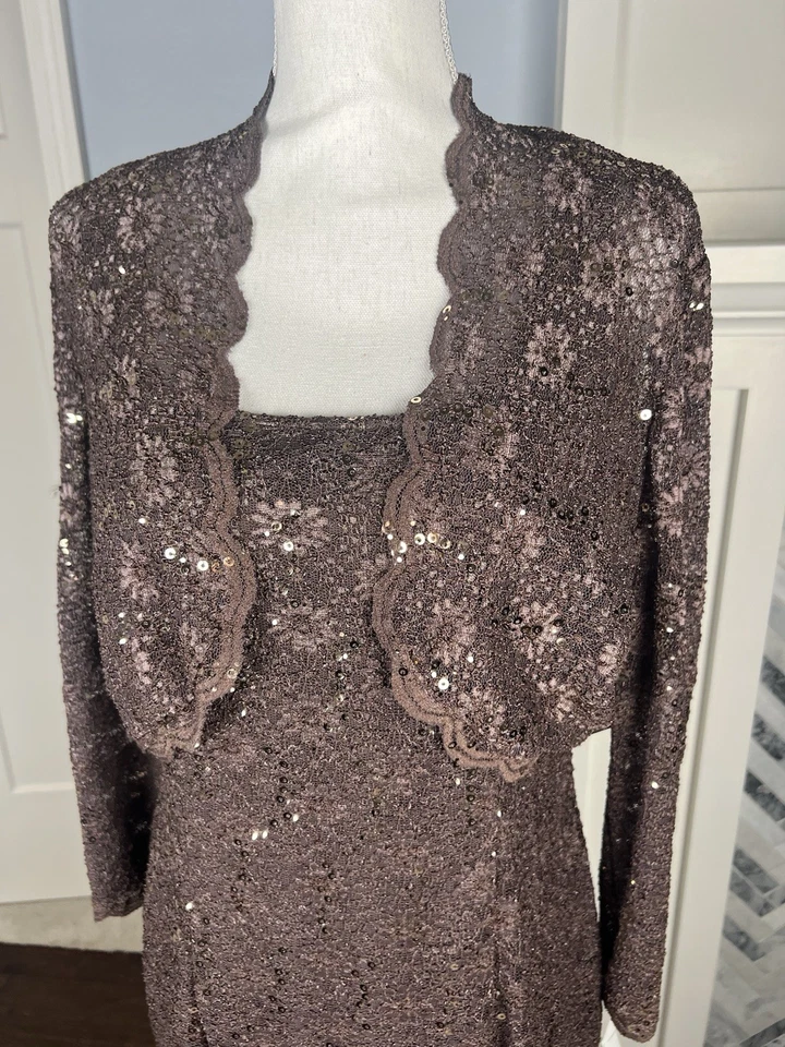 Nuevo con etiquetas Vestido de Cóctel Alex Evenings Marrón Bronce Encaje Lentejuelas con Chaqueta Talla 12 Foto 2 de 4
