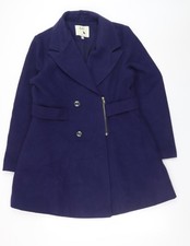 Yumi Women Blue Wool Blend Mid-Length Belted Overcoat UK 14