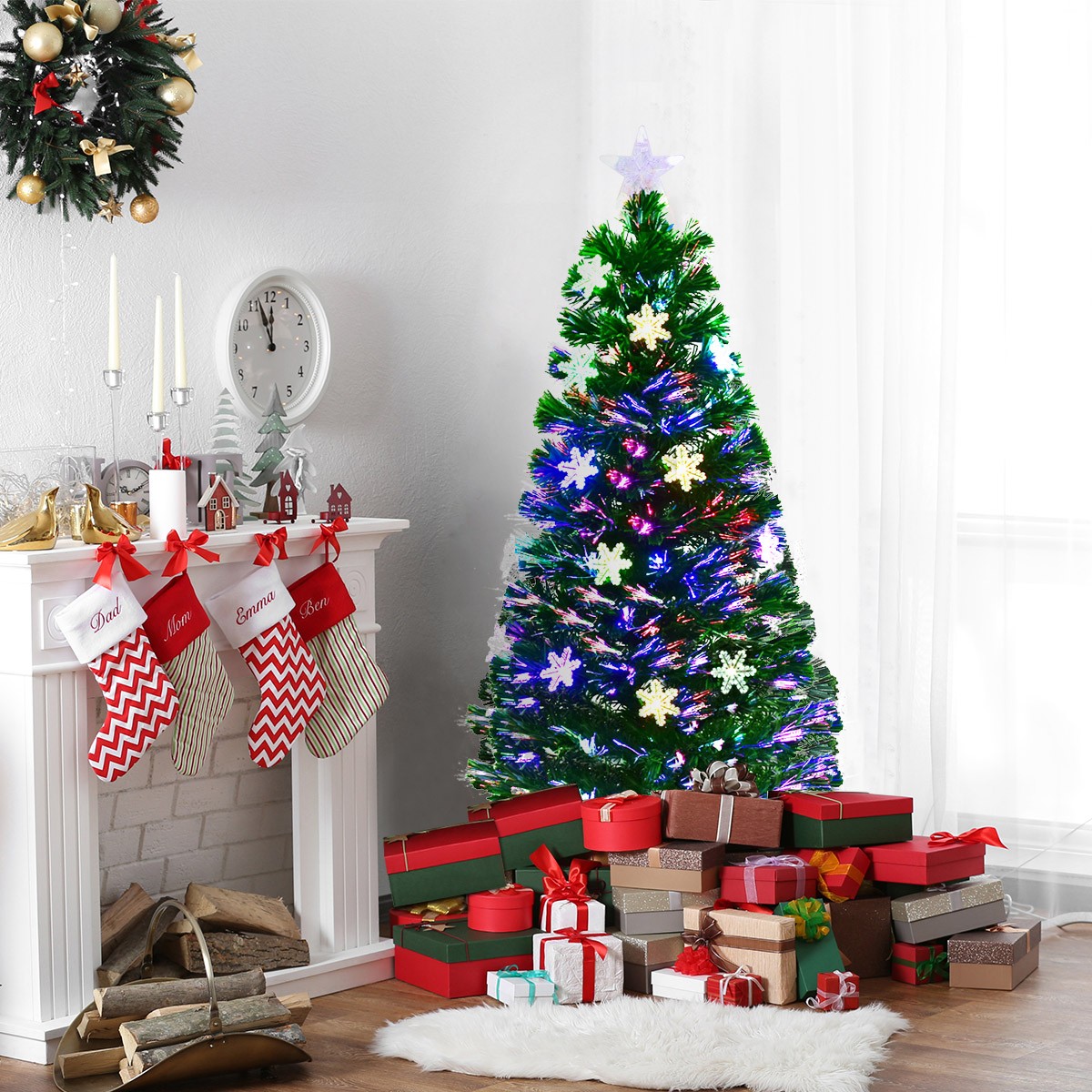 4FT Pre-Lit Fiber Optic Artificial Christmas Tree w/Multicolor Lights Snowflakes