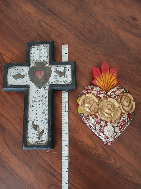 Wooden Sacred Heart With Milagros Plus Free Cross With Milagros Lot Of 2 Pieces
