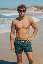 Teal Spring Print Blue Men's Swim Trunk Board Shorts