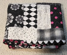 HANDMADE QUILT BLACK WHITE AND PINK PATCHWORK kids ,doll blanket SIZE 42X34