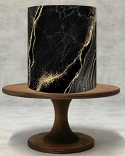 Cake topper commestibile in marmo nero e oro e glassa/wafer avvolgente - decorazione torte di lusso084