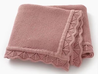 100% Cotton Baby Blanket - Pink Scalloped Edge knit crib bassinet