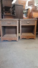 Matching Pair of Wicker 1 Drawer Bedside Cabinets With Carved Wood Detailing