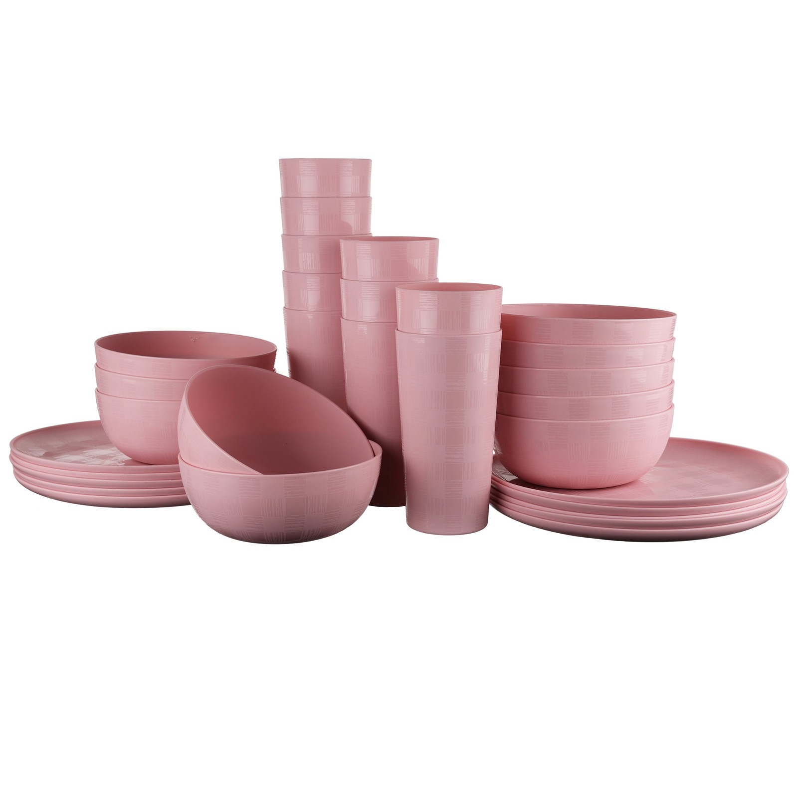 30-Piece Pink Etched Checkered Plastic Dinnerware Set, Inclu