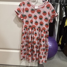 Hanna Andersson Pink Strawberry Print Dress Pockets Girls Size 8,  130 Cm