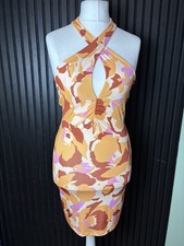 Neon & Nylon Dress Orange halter neck bodycon short dress 70's print UK M
