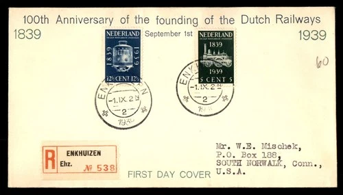 Mayfairstamps Netherlands FDC 1939 Dutch Railways 100 Yrs Reg Enkhuizen First Da