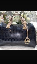 Michael Kors Black Beige Logo Satchel Zip Gold Hardware Charm Bottom Studs