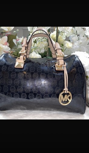 Michael Kors Black Beige Logo Satchel Zip Gold Hardware Charm Bottom Studs - Picture 1 of 15